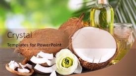 Presentation with coconut oil - Slide set with coconuts and coconut oil on wooden table on nature background background and a coral colored foreground