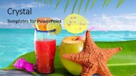  Presentation with straw - Beautiful slides featuring coconuts cocktails straw tropical caribbean beach with starfish photo illustration backdrop and a light blue colored foreground