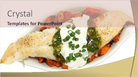  Presentation with sweet potato - Presentation design consisting of cod and veggies with tomitillo salsa and sweet potato hash background and a soft green colored foreground