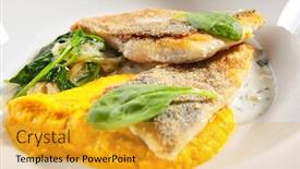  Presentation with restaurant menu - Amazing presentation theme having cod fillet with pumpkin puree and spinach closeup seafood restaurant menu item delicious healthy food exquisite dish isolated on white background gourmet meal tasty lunch close up backdrop and a gold colored foreground