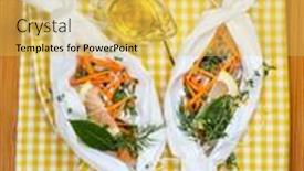  Presentation with parchment paper - Beautiful slides featuring cod fillets with vegetables before cooking in parchment paper backdrop and a yellow colored foreground