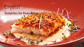  Presentation with fancy - Presentation design with cod-piece-with-sauce background and a red colored foreground