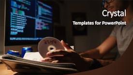  Presentation with computer room - Amazing slides having programmer taking cd with base backdrop and a wine colored foreground