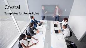  Presentation with director - Theme with code review - director of multiethnic company hold background and a light gray colored foreground