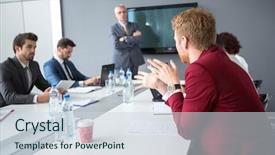  Presentation with director - Cool new presentation with code review - male employ present his opinions backdrop and a sky blue colored foreground