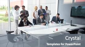  Presentation with business review - Beautiful PPT layouts featuring code review - worker at meeting analyzing business backdrop and a gray colored foreground