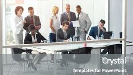  Presentation with business review - Beautiful slides featuring code review - young company workers at meeting backdrop and a gray colored foreground