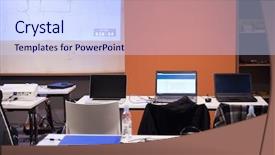  Presentation with projector - PPT theme consisting of coding class - empty it classroom with program background and a sky blue colored foreground