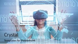  Presentation with virtual class - Cool new presentation with coding class - interface against girl using backdrop and a light blue colored foreground