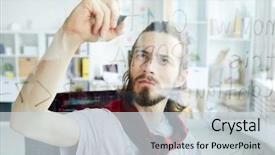  Presentation with qr codes frames - PPT theme featuring coding training - serious and clever young man background and a lemonade colored foreground