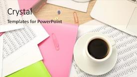  Presentation with desktop - Slides having cofee spill keyboard - cup of coffee on office background and a  colored foreground