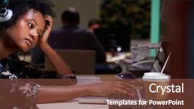  Presentation with female office graphics - PPT theme with coffee at desk working background and a tawny brown colored foreground