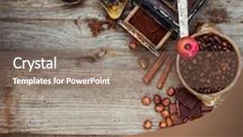  Presentation with coffee chocolate - Colorful slide set enhanced with coffee beans and chocolate on a wooden background top view backdrop and a violet colored foreground