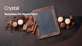  Presentation with coffee chocolate - Theme with coffee beans chocolate and macaroons background and a gray colored foreground