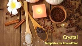  Presentation with body - Presentation with coffee body scrub and spa set on wooden table background and a tawny brown colored foreground