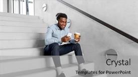  Presentation with music business - Cool new theme with coffee break on office stairs backdrop and a light gray colored foreground