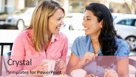  Presentation with bakery - Beautiful PPT theme featuring man standing outside bakery cafe backdrop and a coral colored foreground