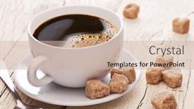  Presentation with sugar cubes - Audience pleasing theme consisting of coffee cup and brown sugar cubes on the wooden table backdrop and a soft green colored foreground