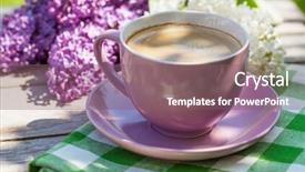  Presentation with cup coffee - Audience pleasing theme consisting of coffee cup and colorful lilac backdrop and a  colored foreground