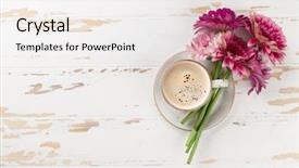  Presentation with cup coffee - Theme having coffee cup and gerbera flowers background and a sky blue colored foreground