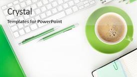  Presentation with coffee cup - Presentation design featuring young fitness woman jumping rope at seaside background and a cream colored foreground