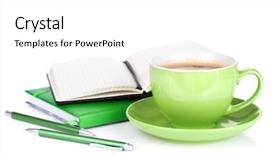  Presentation with pen laptop coffee cup clips - Beautiful slide set featuring chocolate zucchini banana cupcakes with chocolate avocado banana peanut butter cream frosting backdrop and a light gray colored foreground