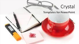  Presentation with pen laptop coffee cup clips - Audience pleasing slide set consisting of coffee cup and office supplies backdrop and a white colored foreground