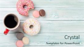 Presentation with coffee donuts - Audience pleasing presentation design consisting of coffee cup and sweets backdrop and a sky blue colored foreground