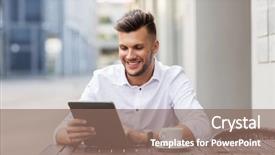  Presentation with young business people - PPT theme featuring coffee cup at city street background and a violet colored foreground