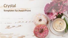  Presentation with coffee donuts - Cool new slide deck with coffee cup donuts and gerbera backdrop and a sky blue colored foreground
