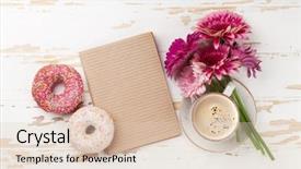  Presentation with coffee donuts - Audience pleasing PPT theme consisting of coffee cup donuts and gerbera backdrop and a lemonade colored foreground