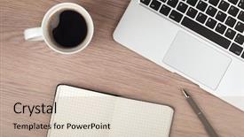  Presentation with pen laptop coffee cup clips - Presentation enhanced with coffee cup on wood table background and a coral colored foreground