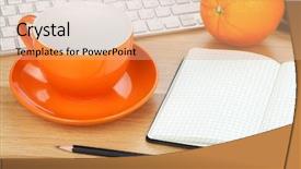  Presentation with office fruit - Colorful presentation design enhanced with coffee cup orange fruit backdrop and a coral colored foreground