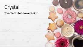  Presentation with donuts - Colorful presentation design enhanced with coffee cups donuts and gerbera backdrop and a white colored foreground
