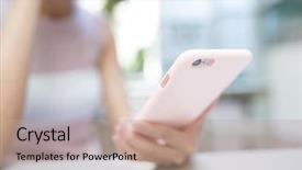  Presentation with mobile phone in woman hand - Presentation theme enhanced with coffee customer service - woman use of mobile phone background and a coral colored foreground