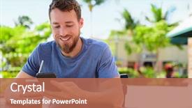  Presentation with man holding phone - PPT theme consisting of coffee drink at outdoor cafe background and a coral colored foreground