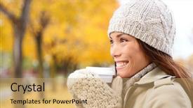  Presentation with fall foliage - Slides featuring coffee drinking woman in autumn fall enjoying fall and hot drink from disposable cup smiling happy asian female model in fall foliage mixed race asian chinese caucasian girl in her 20s background and a coral colored foreground