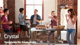  Presentation with quarter - Beautiful PPT layouts featuring coffee free - five friends stand hanging backdrop and a tawny brown colored foreground