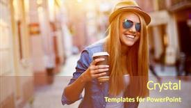  Presentation with cheerful stylish city girl using - Slides having coffee free - young stylish woman background and a red colored foreground