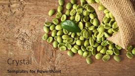  Presentation with green coffee - Presentation design with coffee grains with green leaf in sackcloth on wooden table background and a coral colored foreground