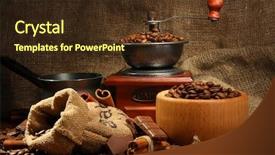  Presentation with pen laptop coffee cup clips - Colorful presentation design enhanced with coffee grinder turk and cup backdrop and a tawny brown colored foreground