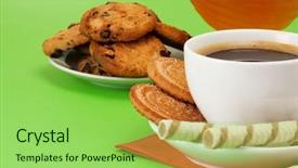  Presentation with green coffee - Audience pleasing PPT theme consisting of coffee honey and cookies backdrop and a yellow colored foreground