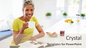  Presentation with reading labels - Audience pleasing slide deck consisting of coffee kitchen - woman eating breakfast and reading backdrop and a  colored foreground