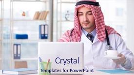  Presentation with working in a clinic - Colorful PPT theme enhanced with coffee laboratory - arab doctor working backdrop and a  colored foreground