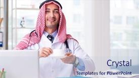  Presentation with working in a clinic - Slide set featuring coffee laboratory - arab doctor working background and a  colored foreground