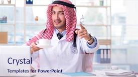  Presentation with clinic - Cool new presentation theme with coffee laboratory - arab doctor working backdrop and a  colored foreground