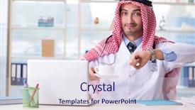  Presentation with working in a clinic - Presentation theme featuring coffee laboratory - arab doctor working background and a  colored foreground