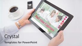  Presentation with tablet - Beautiful PPT layouts featuring coffee laboratory - man using tablet pc backdrop and a light gray colored foreground