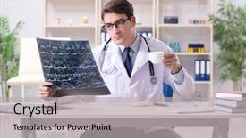  Presentation with human anatomy medical images - Slide set enhanced with coffee laboratory - young doctor looking at x-ray background and a light gray colored foreground