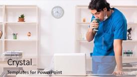  Presentation with working in a clinic - Beautiful PPT theme featuring coffee laboratory - young handsome doctor working backdrop and a  colored foreground